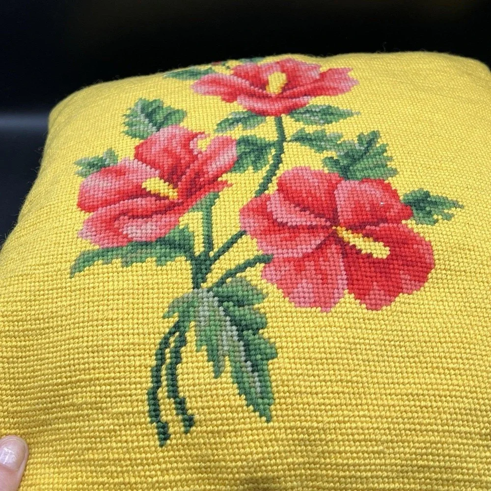 VTG Floral Tapestry Pillow Yellow w/ Bright flowers Needlepoint 15x15 Velvet Bck